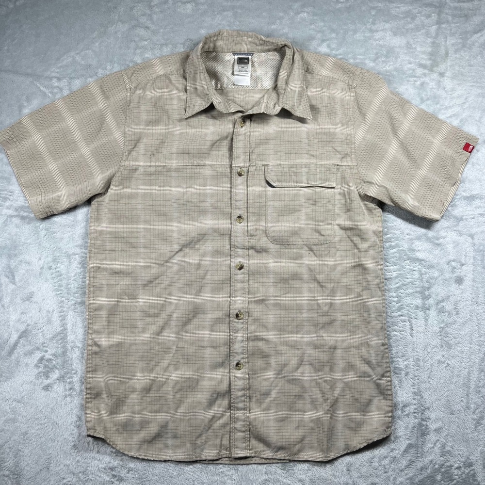 The North Face Mens Tan Plaid Short Sleeve Hiking Shirt Vent Hidden Pocket Med